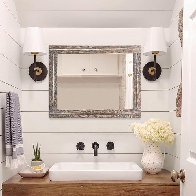 AAZZKANG Mirror with Wood Framed Rectangle Rustic Wall Mirrors Decor Large 20"x16" for Bedroom Bathroom Living Room Entryway