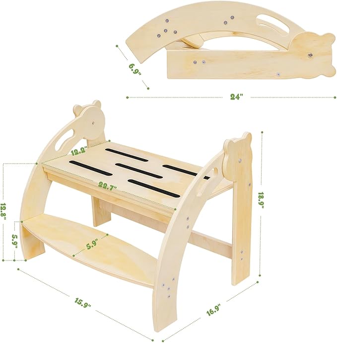Foldable Step Stool for 2 Toddlers/Twins, Kids Stool with 22.7-Inch Wide Step, Safety Handles, Anti-Slip Strips, Toddler Step Stool for Bathroom Sink, Toilet, Kitchen Wooden 2 Step Stool