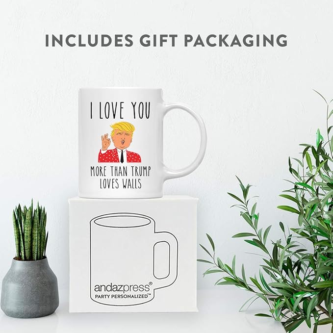 Andaz Press Valentine’s Day Funny 11oz. His Her Couples Coffee Mug Gift, I Love You More Than Trump Loves Walls, Donald Trump Graphic, 1-Pack, Gift Box