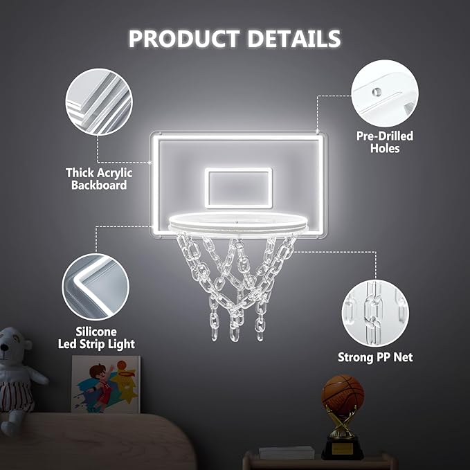 Basketball Hoop Neon Sign for Wall Decor,Dimmable Basketball Hoop Light,Sports Neon Signs with Ball and Pump,Basketball Toy Gift for Sports Fans(White)