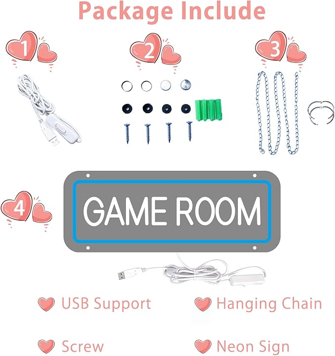 Game Room Neon Sign for Game Wall Decor Led Neon Light with USB Powered Teen Boy Children Bedroom Bar Party Gaming Room Accessories and Decor Neon Signs Custom, 15.7 x 5.9 Inch
