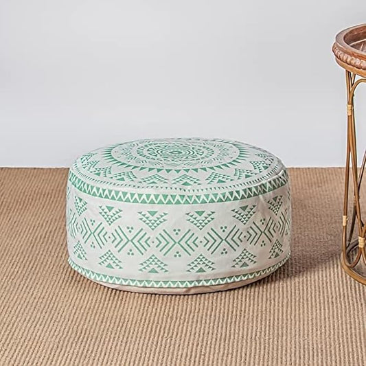 MOCOFO Unstuffed Round Pouf Covers Boho Colorful Geometric Ottoman Pouf Cover with Handle Design,Decoration Footstool for Living Room,Bedroom,Patio (Light Green,18x18x8)