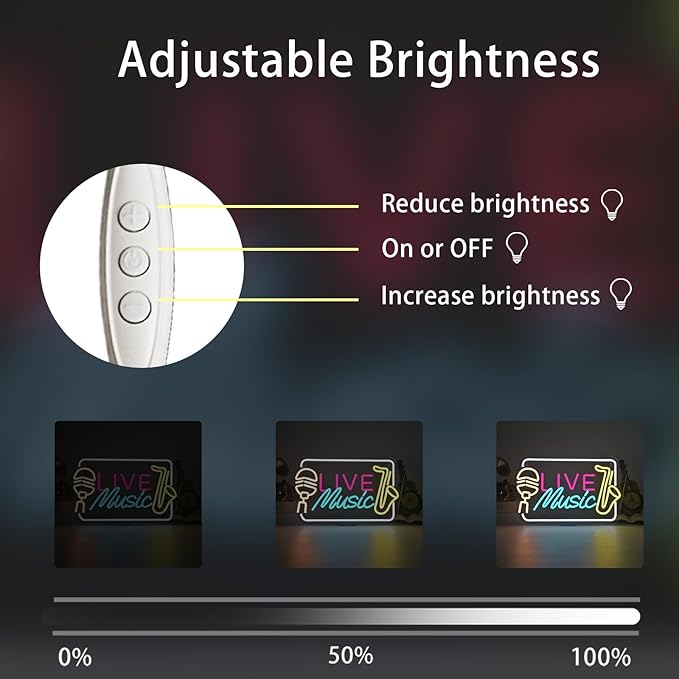 Live Music Neon Sign Bright LED Wall Decoration for Music Venues, Bars, Clubs or Homes, USB Power Adjustable Brightness, Classic Song Theme Decoration