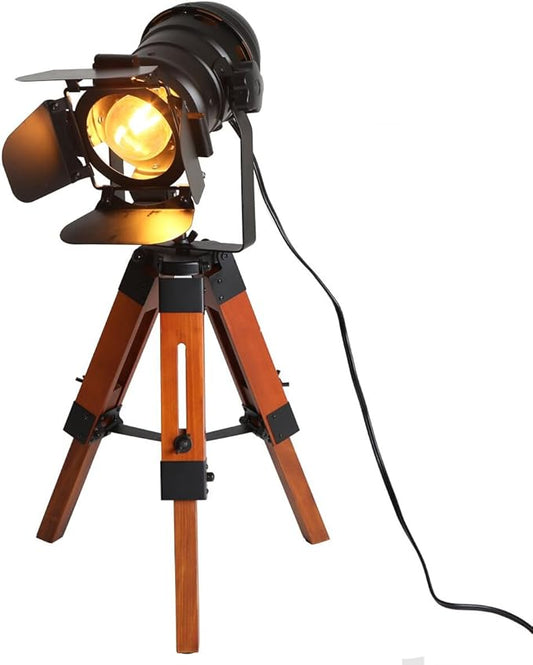 Industrial Tripod Table Lamp for Living Room Wood Standing Large Lighting Black Adjustable Cinema Metal Lampshade Studio Lights E26 Socket Farmhouse Retro Desk Lamps for Bedroom Office Reading