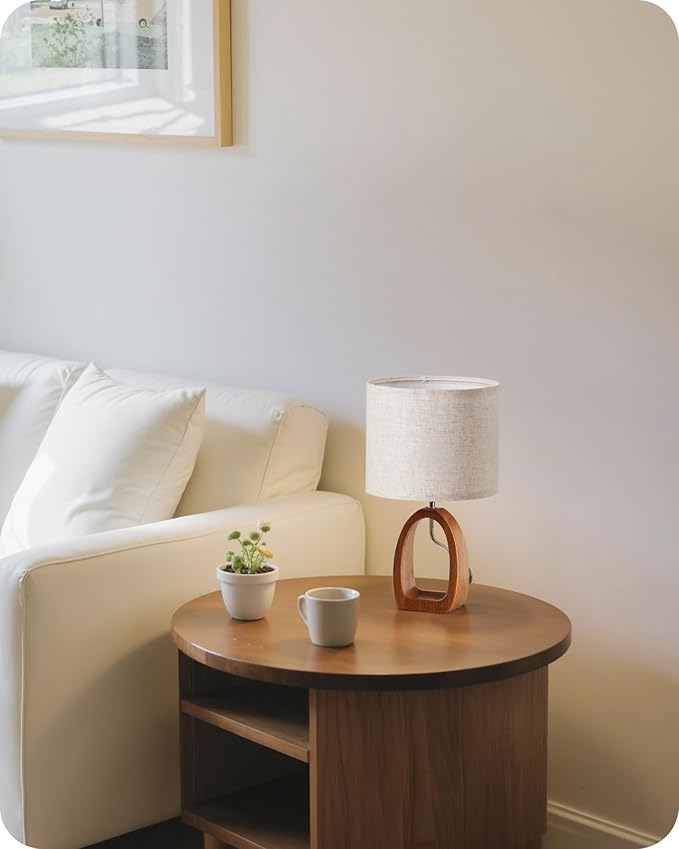 Small Table Lamp, Wood Bedside Lamp with Linen Lampshade, Modern Nightstand Lamp, Cute Desk Lamp for Living Room, Bedroom, E26 Base, Bulb Not Included, Beige and Dark Natural LE07TL05