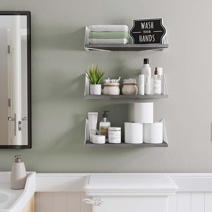 Wallniture Minori Gray Floating Shelves for Wall, Bathroom Shelves Over The Toilet Storage, Wood Wall Shelf for Bedroom, Living Room, Kitchen, Set of 3