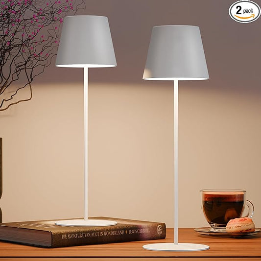 uuffoo 2 Pack Cordless Rechargeable Table Lamps, 5200mAh Battery Powered Outdoor Table Lamps with 3 Colors Stepless Dimming, Desk Night Light for Restaurant, Patio, Bedroom, Bar (White)