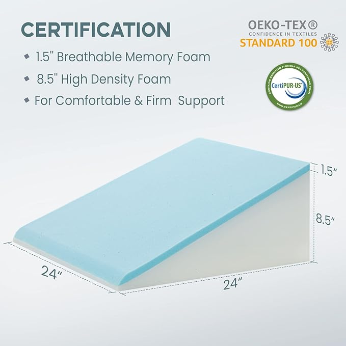 Bed Wedge Pillow, 10" 24" 24" Triangle Pillow Wedge, Cooling Memory Foam Top, Elevated Support Wedge Pillow for Relieving Acid Reflux, Heartburn, Snoring and GERD