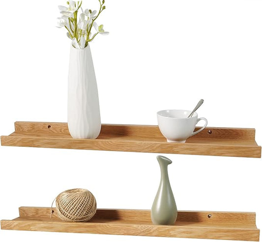 24 Inch Floating Shelves Wall Mounted Set of 2, Rustic Wall Shelves for Decor and Storage, Natural Solid Oak Wood Shelf, Picture Ledge for Bedroom/Bathroom/Living Room/Kitchen, Natural Color, 24*4*1.5