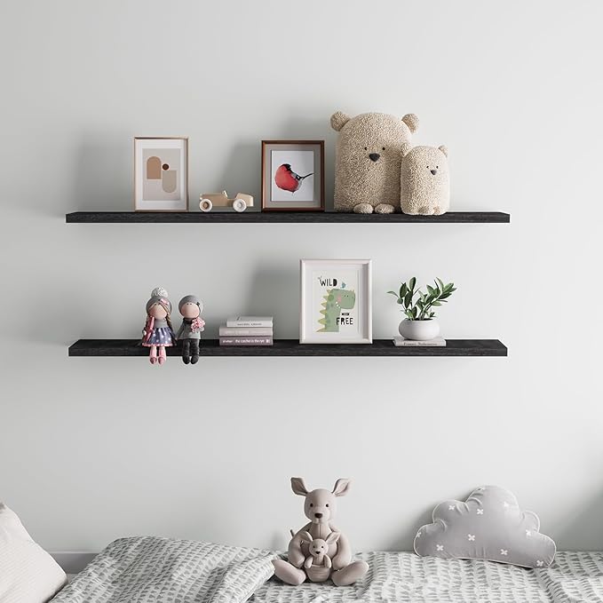 Floating Shelves 48 Inch Wall Shelf Solid Wood Mounted Storage for Bedroom Living Room Set of 2, Black Wall Shelves