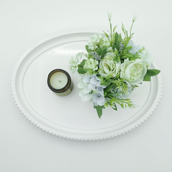Oval Wood Decorative Tray, Small Beaded Tray for Dresser Coffee Table Kitchen Corner Dinning Table, Modern Round Wooden Tray for Centerpiece (White, 15.8''X11.8'')