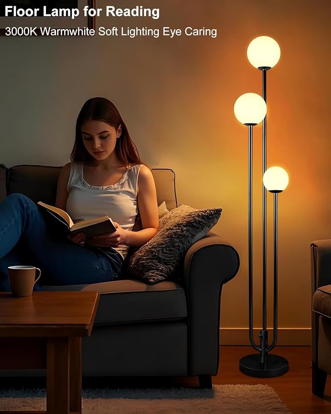 63IN 3-Light Dimmable Floor Lamp, Unique Tall Standing Lamps with 3 Black Poles and 3000K G9 Bulbs for Reading, Mid Century Modern Floor Lamp for Living Room Bedroom Office