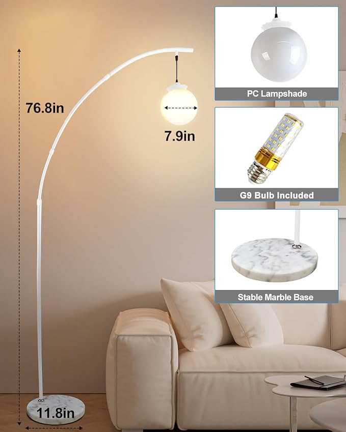 Lightdot Arc Floor Lamp for Living Room, 76Inch Tall Standing Lamp with Marble Base and Globe Bulbs Included, 3000K Warmwhite Modern Mid Century Floor Lamp for Bedroom & Home Office-White