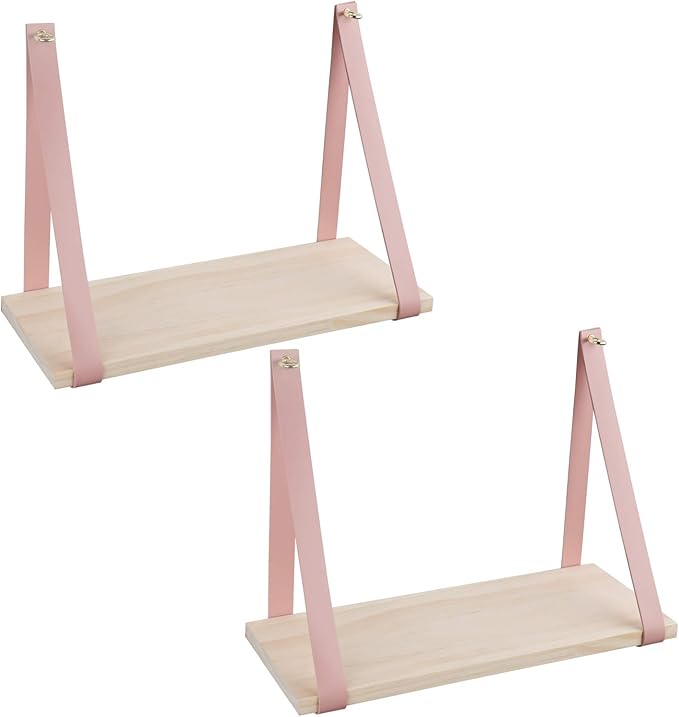 Leather Strap Wood Floating Wall Shelf Wooden Shleves Wall Organizer Wall Mount Shelf Home Decor Kitchen Living Room Bedroom(Pink Set of 2)