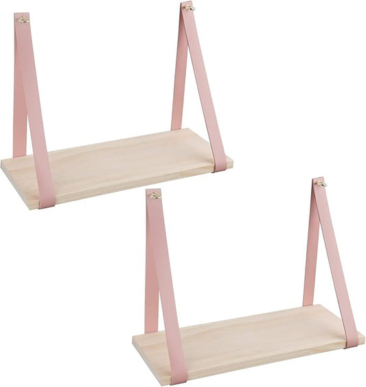 Leather Strap Wood Floating Wall Shelf Wooden Shleves Wall Organizer Wall Mount Shelf Home Decor Kitchen Living Room Bedroom(Pink Set of 2)