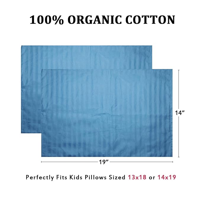 Toddler Pillowcases Set of 2, Hypoallergenic 14x19 Pillow Cover Fits Pillows Sized 13x18 or 14x19, 100% Soft Cotton Envelope Closure Kids Pillowcase for Sleeping, Machine Washable, Blue Stripe