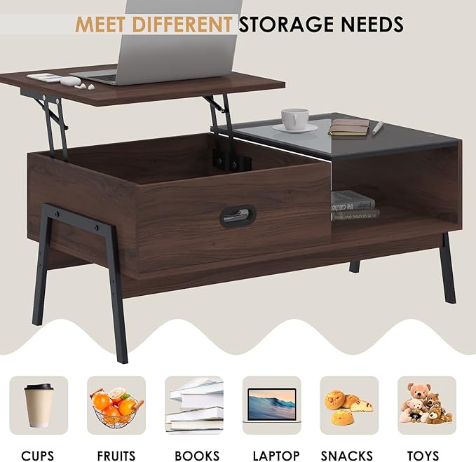 soges Coffee Table, Brown Lift Top Coffee Table with Storage, Coffee Table with Lift Top, Rustic Wood Raisable Top Central Table for Living Room