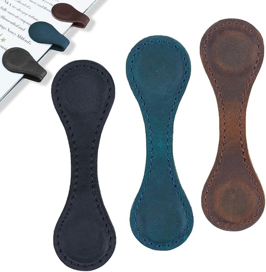 3Pcs Magnetic Bookmarks, Leather Magnetic Bookmarks for Women, Double-Sided Magnetic Book Mark Clip Book Accessories Gift for Book Lover Men Women Reader Student (Black + Blue + Coffee)