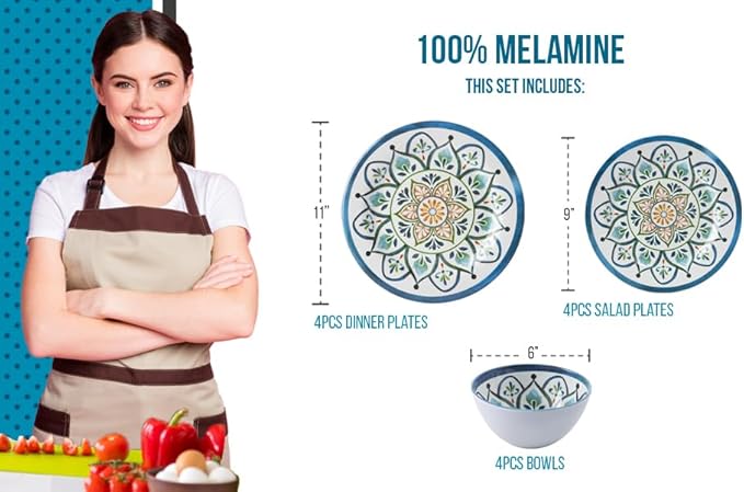 Melamine Dinnerware Sets, Service for 4. Unbreakable Dishes. Scratch Resistant Melamine Ware. Plates and Bowls. Dishwasher Safe Platos De Melamina Mosaic Design. Beautifully Packaged Gift Box