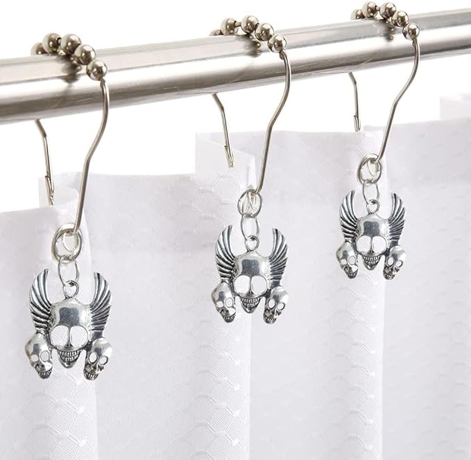 Gothic Shower Curtain Hooks Rings - Skull Decorative Shower Curtain Hooks - Rustproof Stainless Steel Shower Hooks with Halloween Gothic Bathroom Decor Set of 12