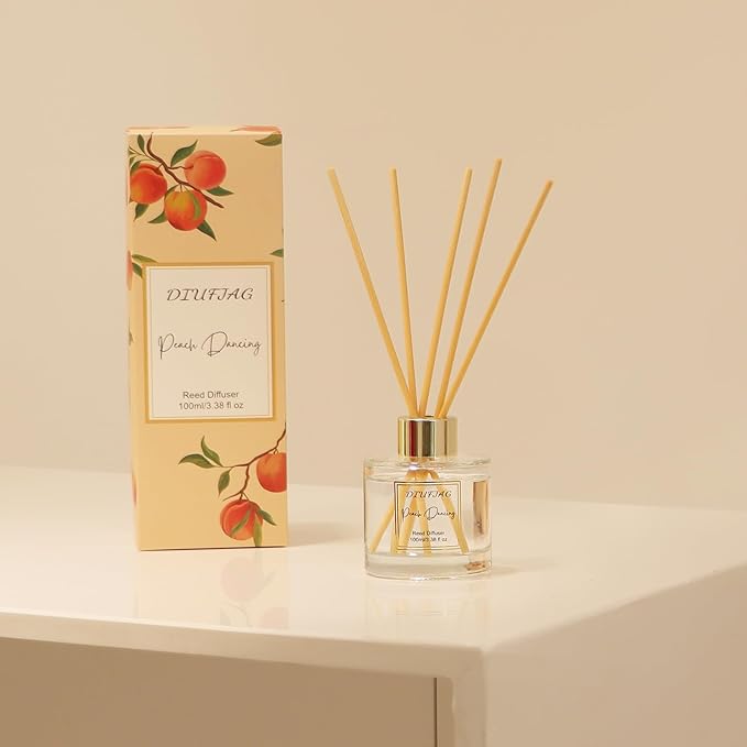 100ml Scent Diffuser with 6 Fiber Sticks, 3.5 oz Reed Diffuser Set Aromatherapy Fragrance Diffusers Air Fresheners for Home Bedroom Bathroom (Peach)
