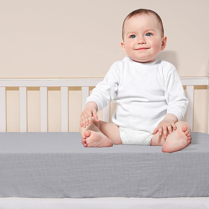 Muslin Crib Sheets for Boys Girls, 2 Pack 100% Cotton Soft Breathable Fitted Baby Sheet Set, 28x52 Inch Fits Standard Crib and Toddler Mattresses, Brown & Grey
