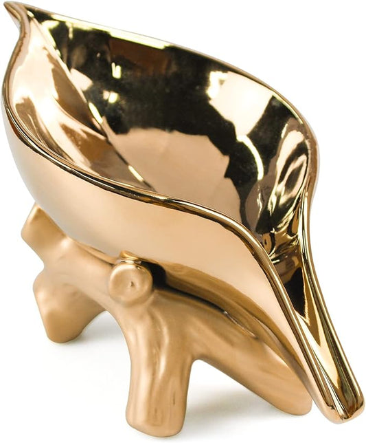 Leaf Soap Dish for Shower,Ceramic Soap Holder with Stump Bathroom Ring Dish Holder for Jewelry Engagament Wedding Birthday Gifts Gold