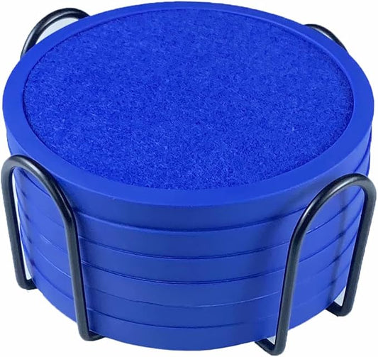 Absorbent Coasters with Holder - 6 Pack, Silicone with Soft Felt Insert (4.3 Inch Coasters, 4.5 Inch Holder, Blue)