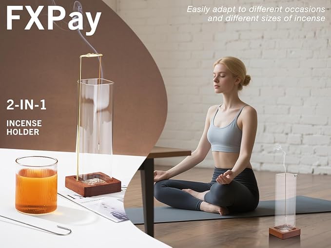 Incense Sticks Holder with Premium Glass Ash Catcher and Upside-Down Metal, Profession Anti-Ash Flying, Heat-Resistant Easy Clean for Yoga, Meditation, Home Decor (2 in 1 Design, Wooden Base)