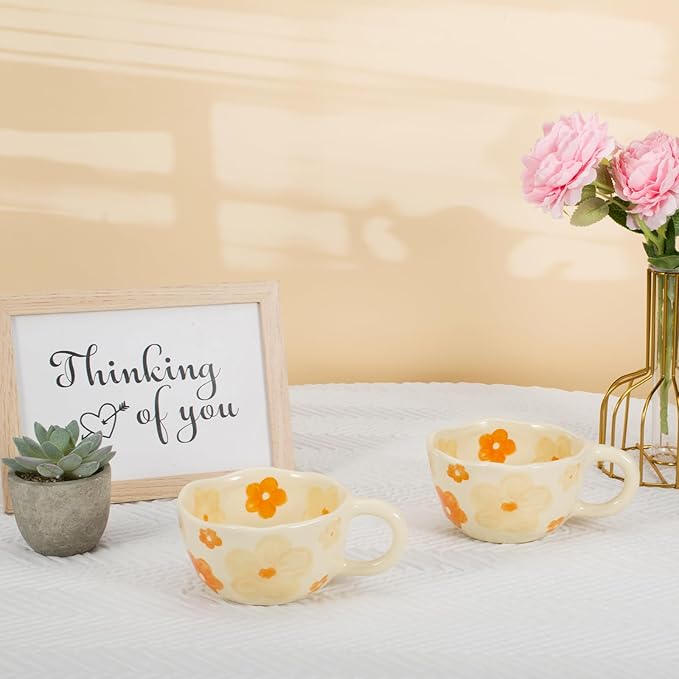 Koythin 2-Pieces Ceramic Coffee Mugs, Creative Cute Flower Cup for Office and Home, 8.5 oz/250 ml Aesthetic Mug for Latte Tea Milk (2 Orange Flower)