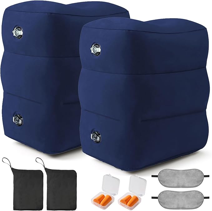 Inflatable Foot Rest Pillow for Travel - Adjustable Height Flight Foot Rest with Eye Mask and Earplugs for Kids & Adults on Airplane, Car, Train, Office, and Home (Blue, 2 PCS)