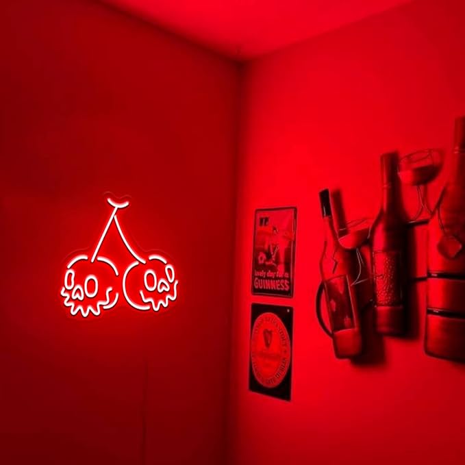 Skull Neon Sign,Cherry Wall Decor for Bedroom,Halloween Horror Decor,Gothic Red Light for Party,USB Powered Cherry Skull,Goth Lover Gifts-15"Red