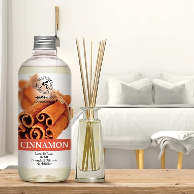 Cinnamon Reed Diffuser Refill - 4x17oz - Fresh & Long Lasting Fragrance - with Natural Essential Cinnamon Oil - Best for Aromatherapy - Home - Office - Fitness Club - Restaurant - Boutique