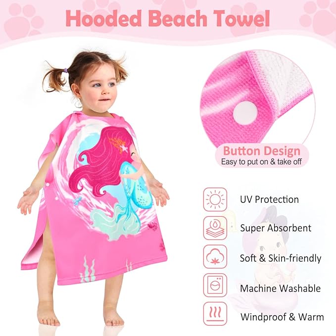 HUANLANG Kids Hooded Beach Towel for Boys Girls,Bath Pool Beach Poncho Towels Super Soft & Absorbent Cotton Towel Childrens Mermaid Beach Towels for Toddler 0-7 Years Old