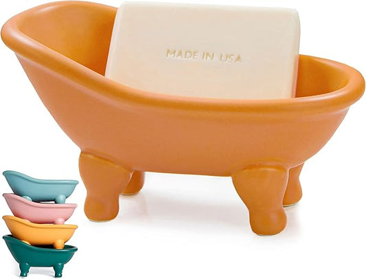 1 Piece 5.6" Colorful Ceramic Mini Clawfoot Bathtub Soap Dish Decortative Soap Dish Small Planter Makeup Organizer Container Hamster Bathtub(Orange)