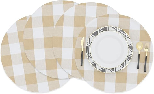 Beige & White Round Placemat Cotton Buffalo Check Plaid Gingham 15 Inch eco-Friendly Fabric Handcrafted Machine Washable Indoor & Outdoor Tablemat Set of 4