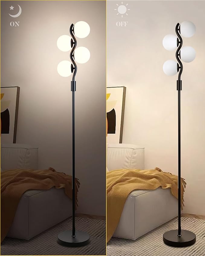 60IN Dimmable (Brightness Adjustable) Black Floor Lamp, Modern Standing Lamps with 4 Globe Soft Warm White 3000K Bulbs, Mid Century Floor Lamp for Living Room Bedroom Home Decor
