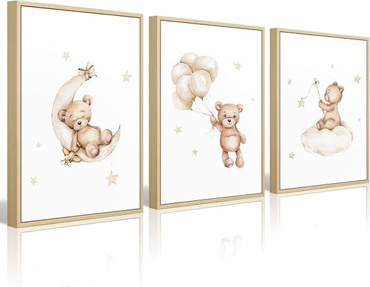 Bear Nursery Wall Art Decor Set of 3 Teddy Bear Canvas Wall Art Baby Boy Nursery Decor Prints Neutral Pictures Moon Star Cloud Print for Girls Children Room 16x24 Inch FRAMED