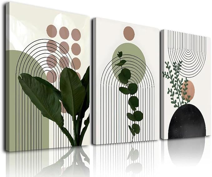 Sage Green Boho Wall Art, KBKBART Abstract Framed Canvas Wall Art Palm Leaf Sun Moon Line Beige Green Wall Decor, Minimalist Geometric Boho Room Decor, Sage Green Wall Posters & Prints for Living