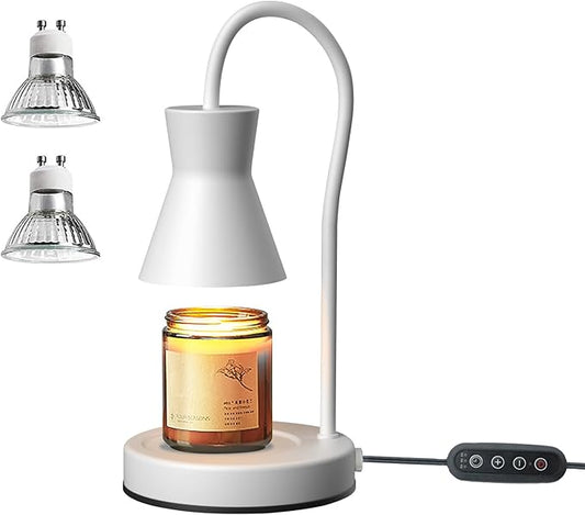 Candle Warmer Lamp with Timer and Dimmer, Vintage Electric Candle Melter with 2 Bulbs, Melter Scented Candle Height Adjustable Compatible with Jar Candles, House Warming Gifts (White)