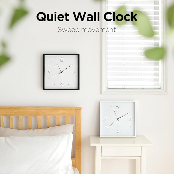 mooas Modern Frame Wall Clock White,12" Non-Ticking Sweep Movement Decorative Battery Operated White Wall Clock for Home Living Room Kitchen Bedroom Office School Cafe