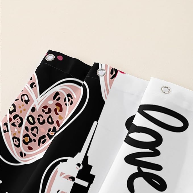 AILONEN Heart Love Shower Curtain for Bathroom, Black and White Eiffel Tower Print Bath Curtain,Pink Hearts Girls Women Shower Curtain Decoration Waterproof with 12 Plastic Hooks, 72" W*78" H