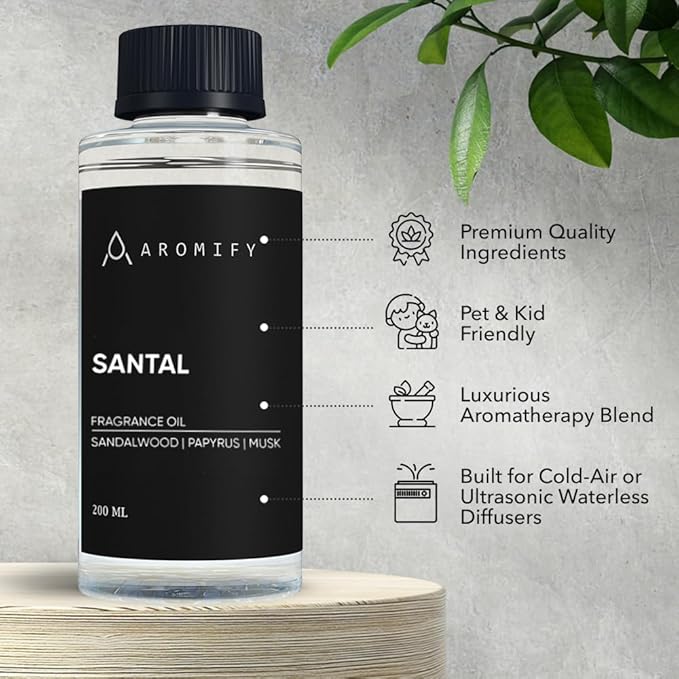 Santal Fragrance Oil 6.7 Fl Oz (200 mL) Essential Oil for Diffusers, Sandalwood & Leather Opening, Followed by Floral and Woodsy Notes, for Home, Spa & Office Use, Pure Aroma Ingredients