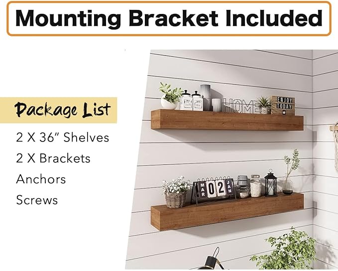 Wall Floating Shelves, Rustic Wood Shelf for Wall Mounted - Wooden Handmade Shelves for Bathroom Kitchen Livingroom(Walnut, 36 Inch - 2 Pack)
