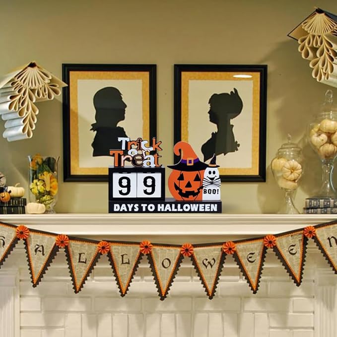 DECSPAS Halloween Decorations Indoor, Large Size Wood Block Set with Pumpkin Cat Halloween Countdown Decor, Trick or Treat Table Centerpiece for The Home, Mantle, Party Decorations