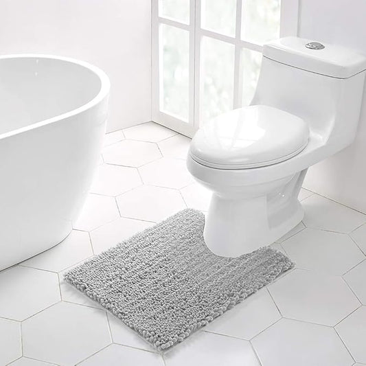 Walensee Bathroom Contour Rug Non Slip Toilet U Shaped Bath Mat (20x24, Light Grey) Water Absorbent Super Soft Shaggy Chenille Machine Washable Dry Extra Thick Perfect Absorbant Best Plush Carpet