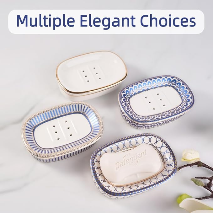 Self Draining Soap Dish, Double-Layer Bar Soap Tray, White Ceramic Soap Dish with Elegant Patterns (Style D)