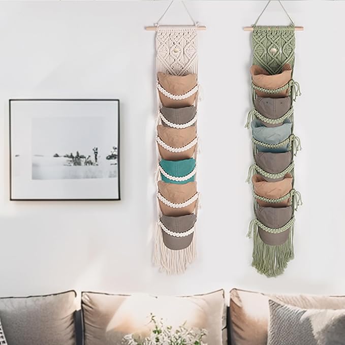 2PCS Macrame Cap Holders Boho Hat Hangers Over Door Ball Cap Rack Organizer Decorative Bohemian Handmade Woven Wall Hanging for Baseball Cap Display Decoration (Green, Up to 24 Caps)