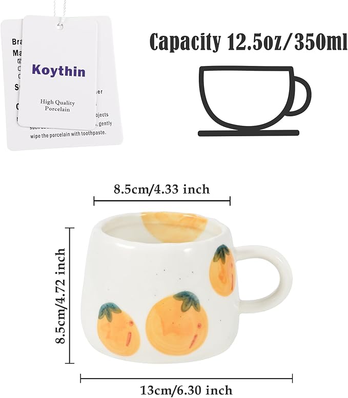 Koythin Ceramic Coffee Mug, Cute Fruits Creative Mugs Design, Printed Flowers Cup for Office and Home, 10 oz/300 ml for Latte Tea Milk (Persimmon)
