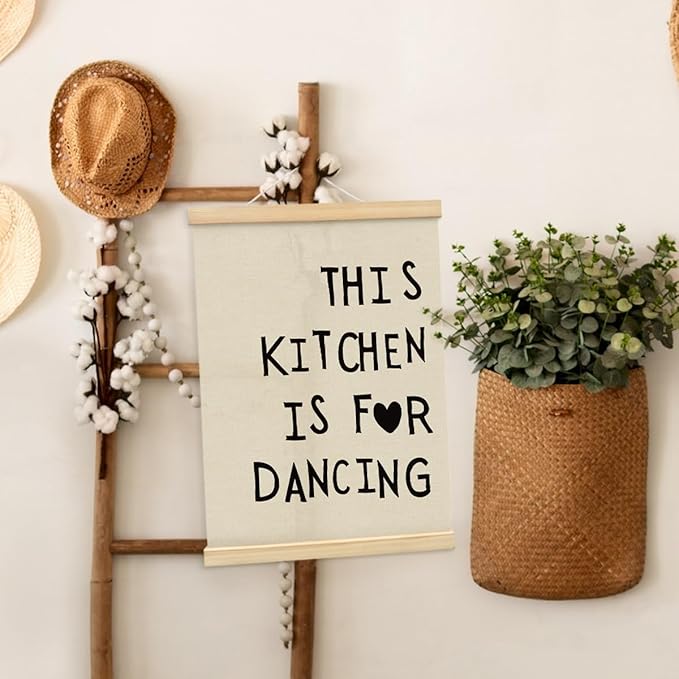BIWSHA Cute Kitchen Canvas Poster Framed Hanger 12x16 Inch, Funny Black Kitchen Quotes Decor This Kitchen Is For Dancing Poster Framed with Wood Hanger，Kitchen Dining Room Decor